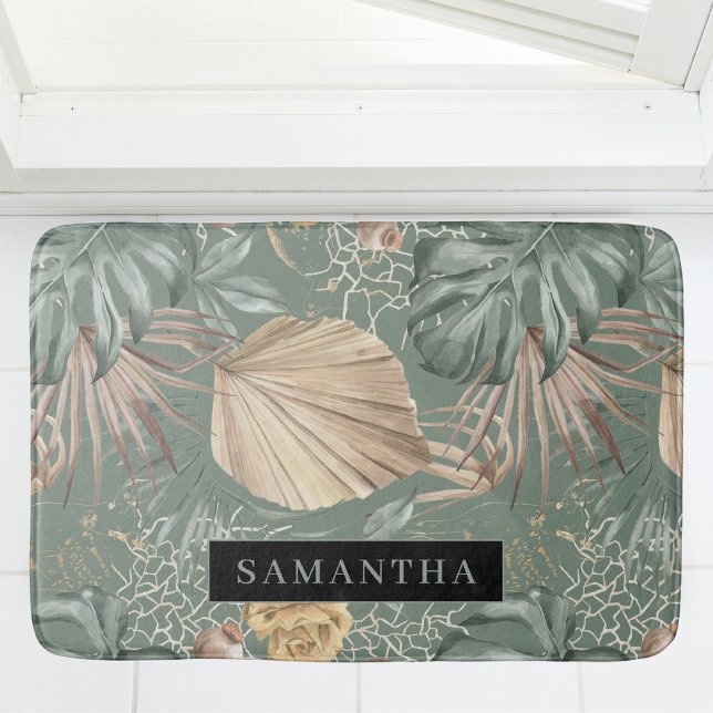 Tapis De Bain Aquarelle Tropicale Gold & Green Feuille Motif (Créateur téléchargé)