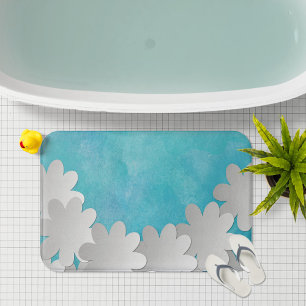Tapis De Bain Aquarelle turquoise et Fleurs blanches