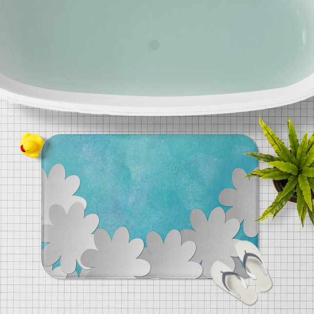 Tapis De Bain Aquarelle turquoise et Fleurs blanches (Créateur téléchargé)