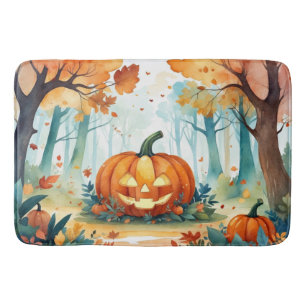Tapis De Bain Aquarelle verte orange Forêt Citrouille d'automne