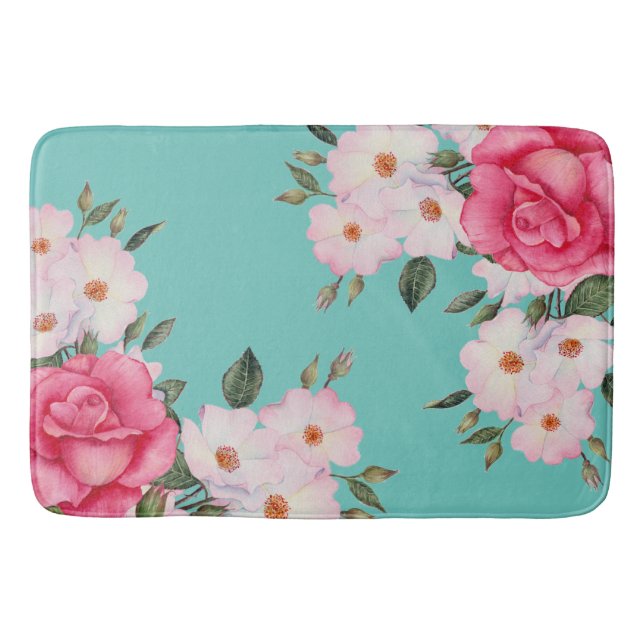 Tapis De Bain Aquarelle Vibrant rose Roses blanches Turquoise Re (Devant)