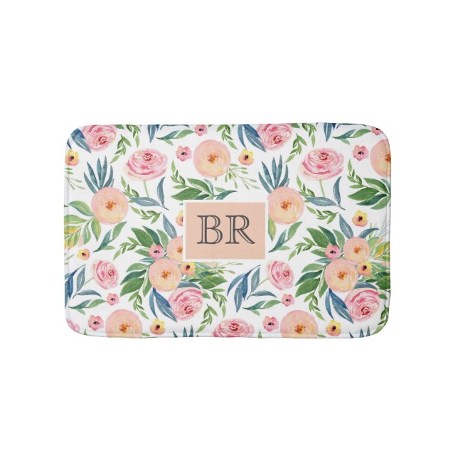 Tapis De Bain Aquarelles tendance rose pastel & pêches (Devant)
