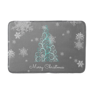Tapis De Bain Arbre de Noël turquoise et flocons de neige Mat de