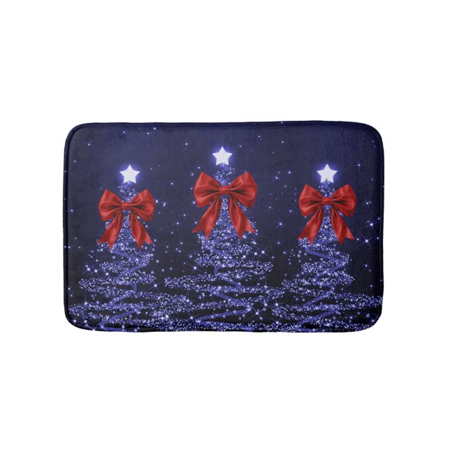 Tapis De Bain Arbres scintillants de Noël Navy Blue avec faux nœ (Devant)