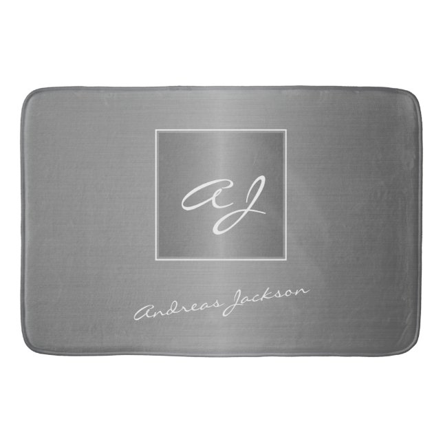 Tapis De Bain argenté métal moderne script nom monogramme (Devant)
