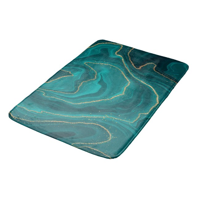 Tapis De Bain Arrière - plan en marbre liquide turquoise avec or (Angle)