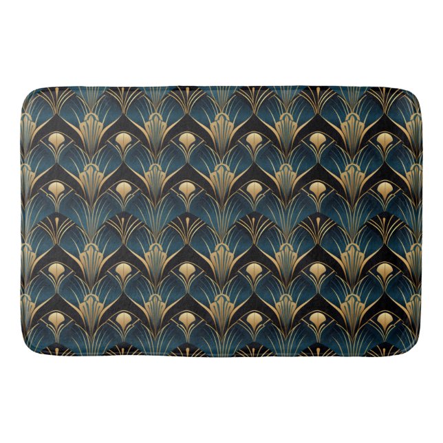 Tapis De Bain Art Déco Noir Bleu et Or symétrique (Devant)