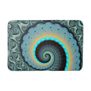 Tapis De Bain Art fractal spirale abstrait bleu turquoise orange