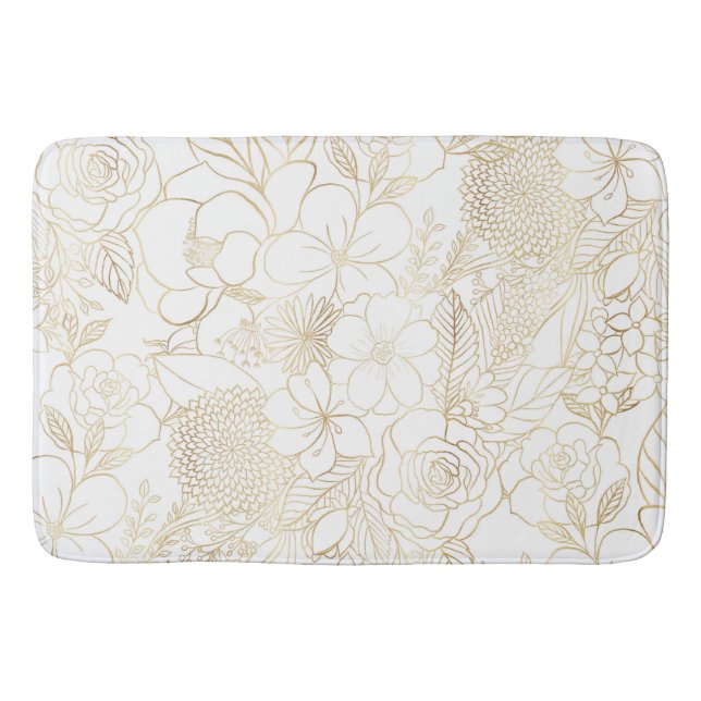 Tapis De Bain Art moderne Gold White Floral Doodles (Devant)