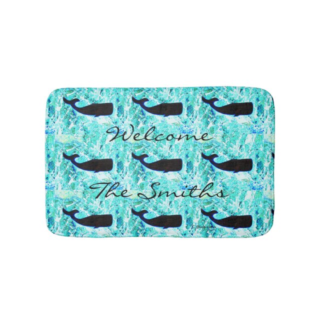 Tapis De Bain art populaire baleines noires sur le bleu Thunder_ (Devant)