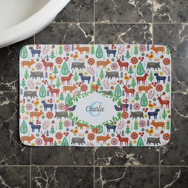 Tapis De Bain Art populaire scandinave Monogramme Motif Boho Mod (Créateur téléchargé)