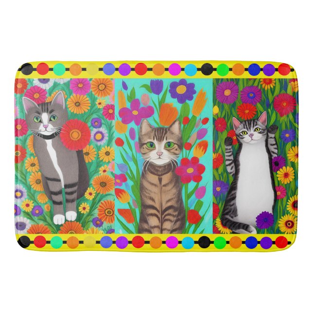 Tapis De Bain Art populaire Style Whimsical Chat et Fleurs (Devant)