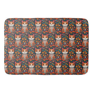 Tapis De Bain Art populaire Whimsical Chat et Fleurs