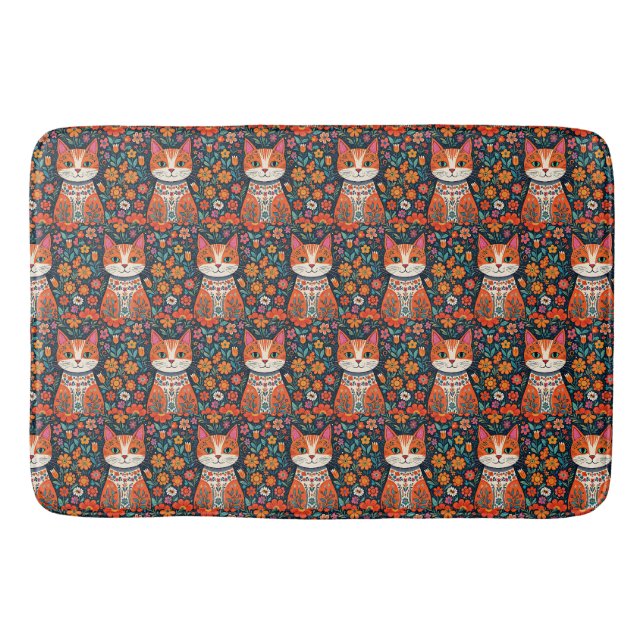 Tapis De Bain Art populaire Whimsical Chat et Fleurs (Devant)
