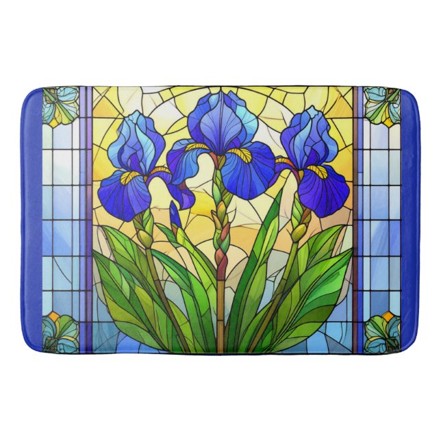 Tapis De Bain Artisan Blue Iris Floral Vitrail Mat (Devant)