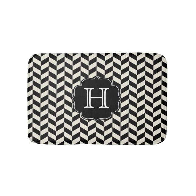 Tapis De Bain Baguette d'os de cerf noir et blanc avec Monogramm (Devant)