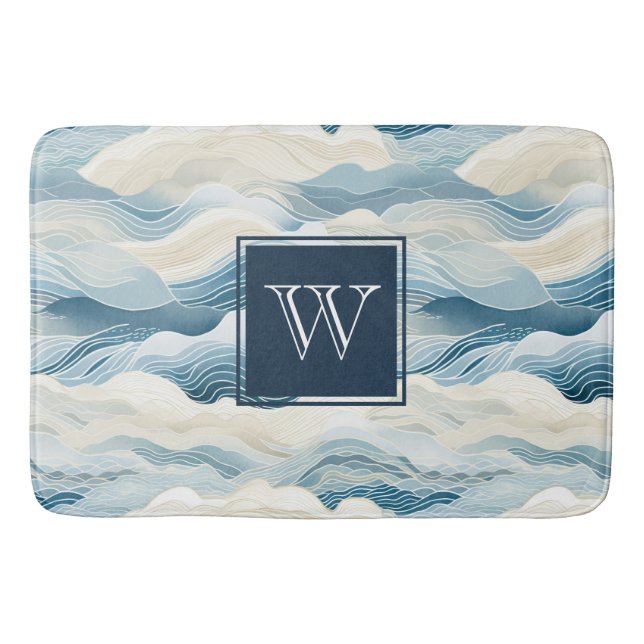 Tapis De Bain Bain de Motif Monogram Tranquille Bleu et Blanc (Devant)