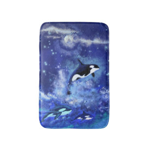 Tapis De Bain Baleines tueuses sur la Pleine lune Bleue Bath Mat