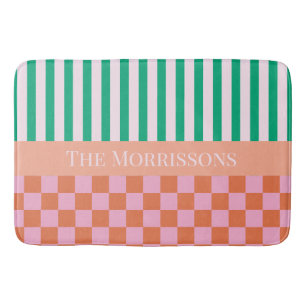 Tapis De Bain Bandes et chèques colorées Vert rose orange