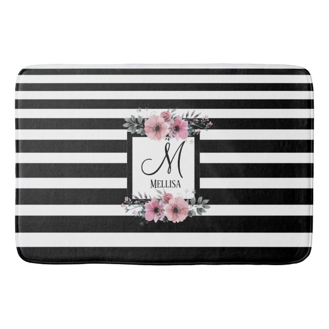Tapis De Bain Bandes noires et blanches Monogramme floral rose (Devant)