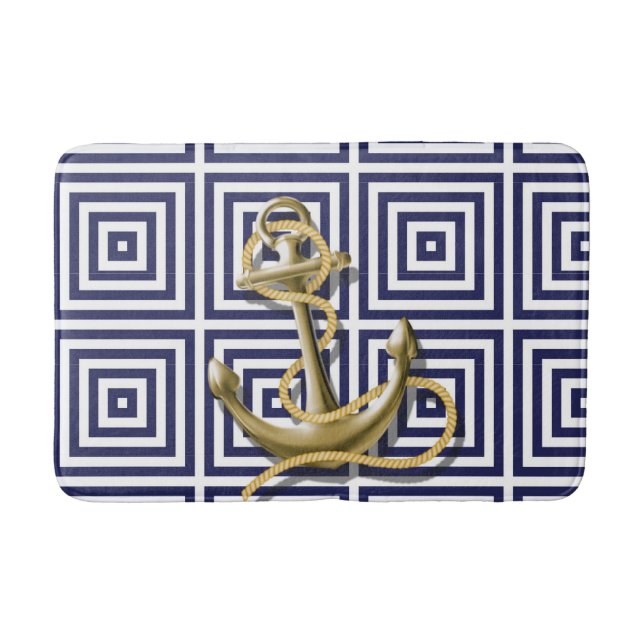 Tapis De Bain Beach House bleu grec Motif Ancre nautique (Devant)