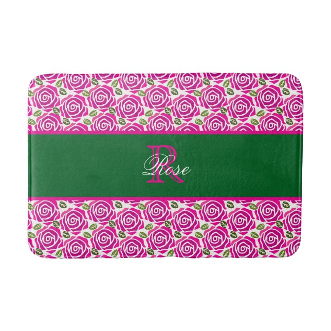 Tapis De Bain Beautiful Modern Hot Pink Magenta Roses Monogram  (Devant)