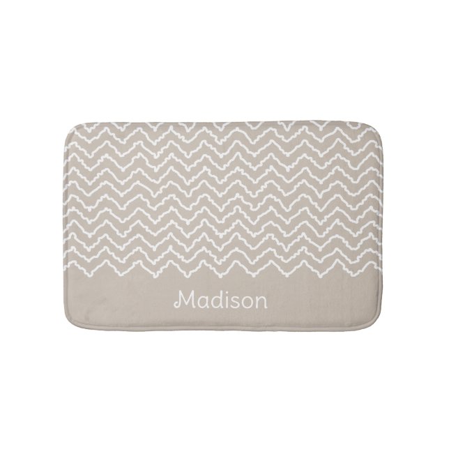Tapis De Bain Beige And White Squiggly Chevron Zigzag With Name (Devant)