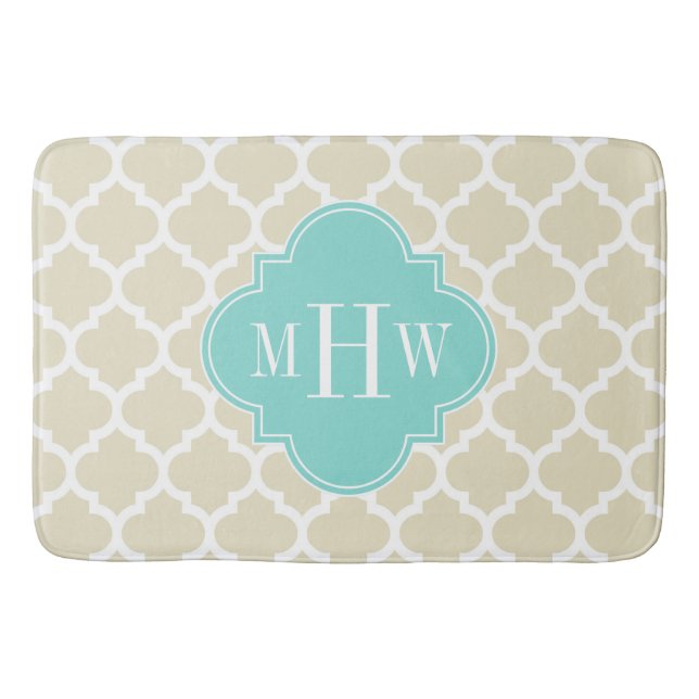 Tapis De Bain Beige, Blanc Marocain #5 Aqua 3 Monogramme initial (Devant)