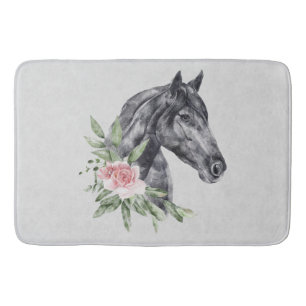 Tapis De Bain Belle tête de cheval noir Portrait d'aquarelle