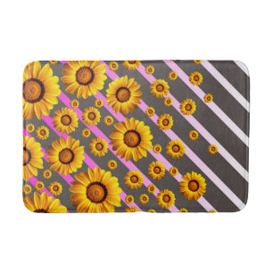 Tapis De Bain Belles fleurs jaunes sur gris, rayures roses