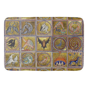 TAPIS DE BAIN BESTIAIRE MÉDIÉVAL, ANIMAUX FANTASTIQUES, ROUGE D'