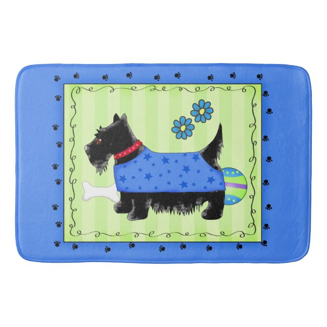 Tapis De Bain Black Scottie Terrier bleu et Lime vert (Devant)