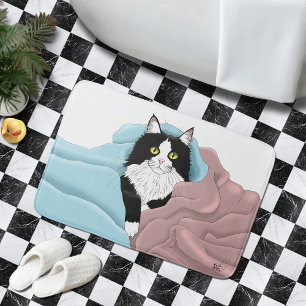 Tapis De Bain Blanc Noir Tuxedo Couvercles de chat Bleu Pink