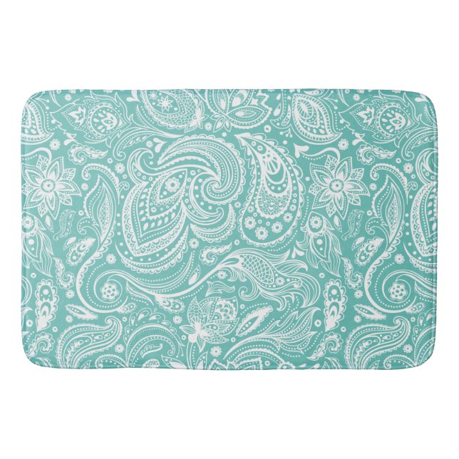 Tapis De Bain Blanc & Turquoise Floral Paisley Motif dentelle (Devant)