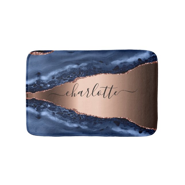 Tapis De Bain Bleu agate marbre rose or nom script (Devant)