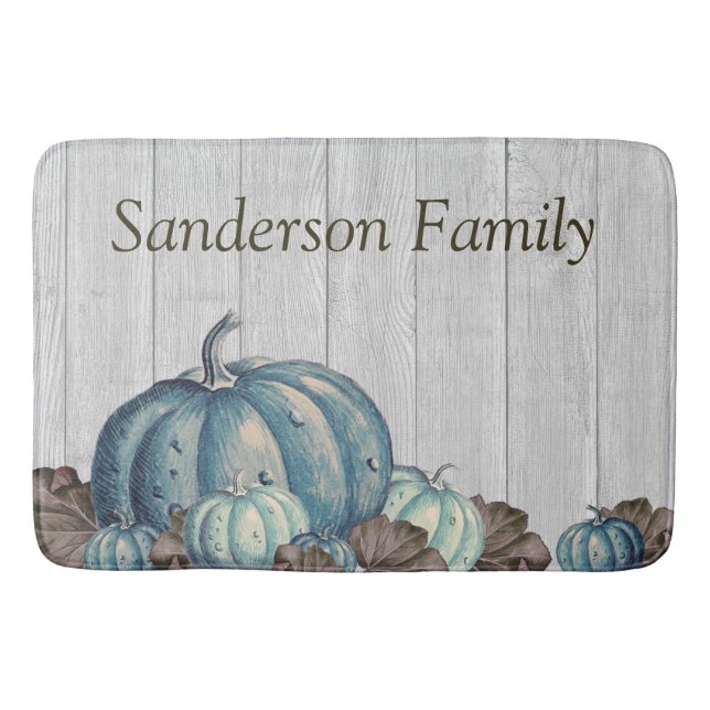 Tapis De Bain Bleu Automne Citrouille Russe Cute Gris Bois (Devant)