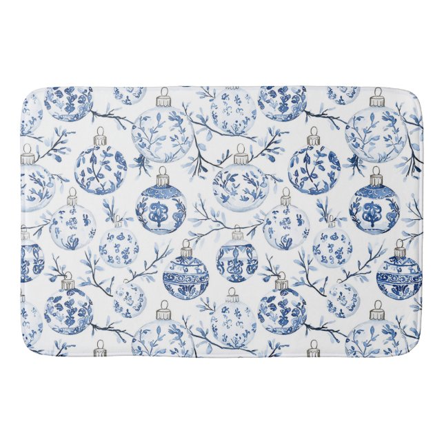 Tapis De Bain Bleu Blanc Chic Floral Ornements de Noël (Devant)