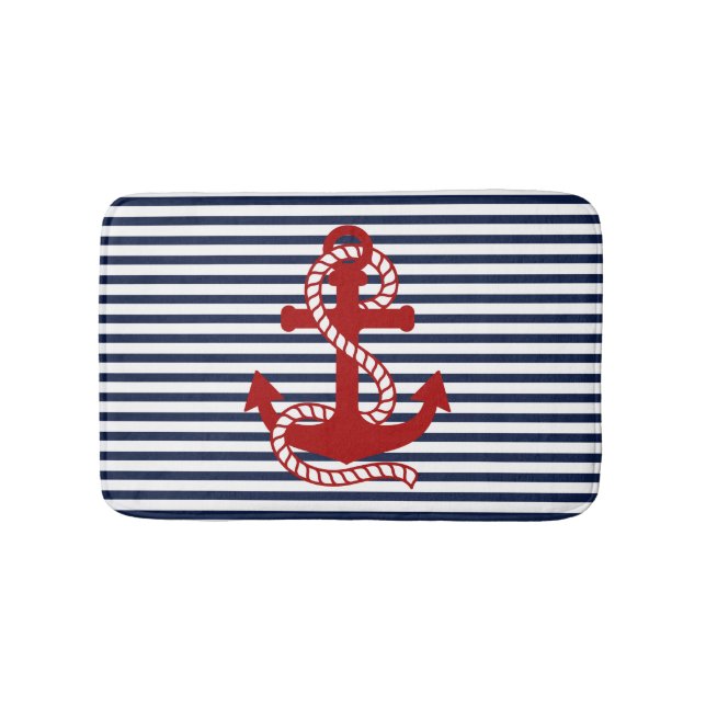 Tapis De Bain Bleu blanc de la marine et Ancre rouge (Devant)