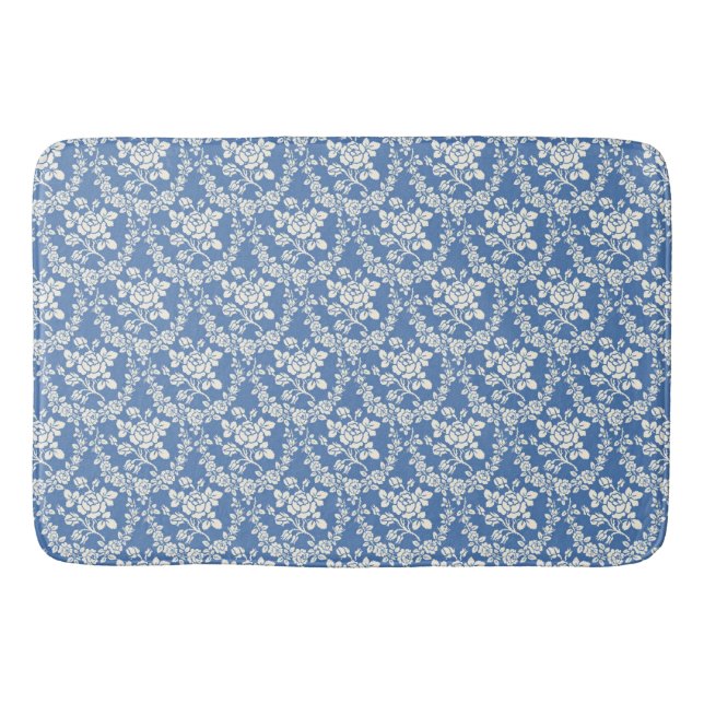 Tapis De Bain Bleu Blanc Floral Motif Botanique Chic (Devant)