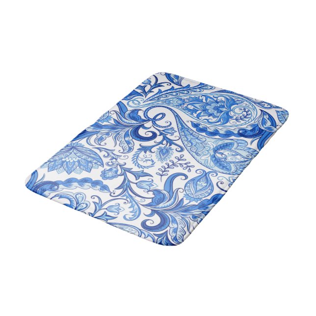 Tapis De Bain Bleu Bleu Blanc Floral Motif Paisley (Angle)