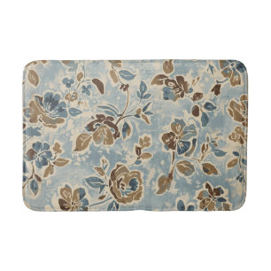 Tapis De Bain Bleu Brun Tan Floral Rustique