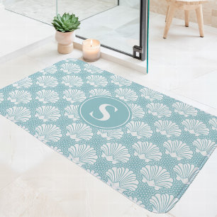 Tapis De Bain Bleu Ciel et Coquillage Blanc Monogramme Côté Mer