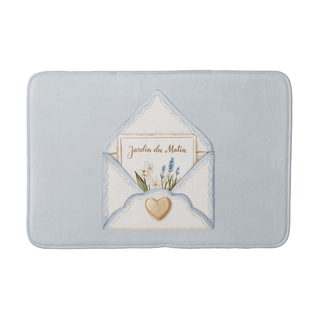 Tapis De Bain Bleu Clair Crème Enveloppe Cœur Floral Français   (Devant)