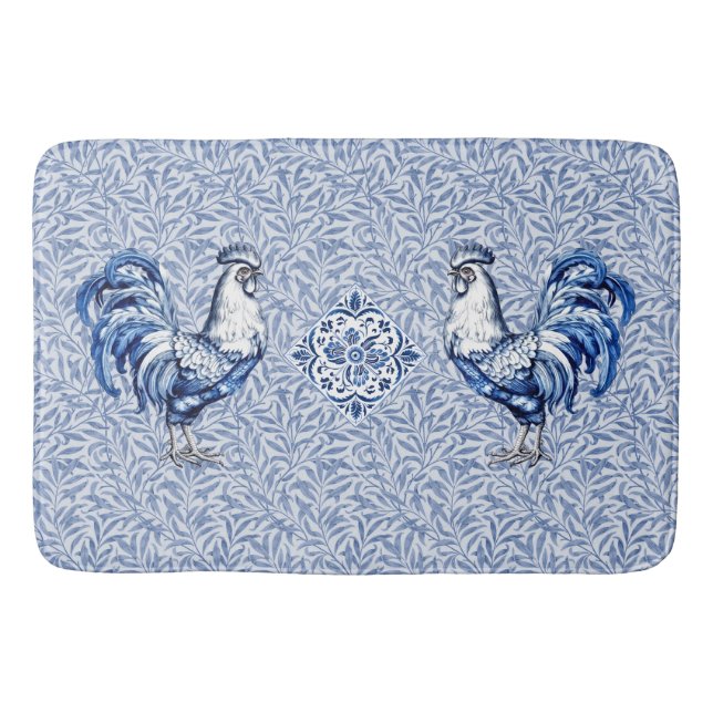 Tapis De Bain Bleu Delft Et Poulet Blanc Rooster (Devant)