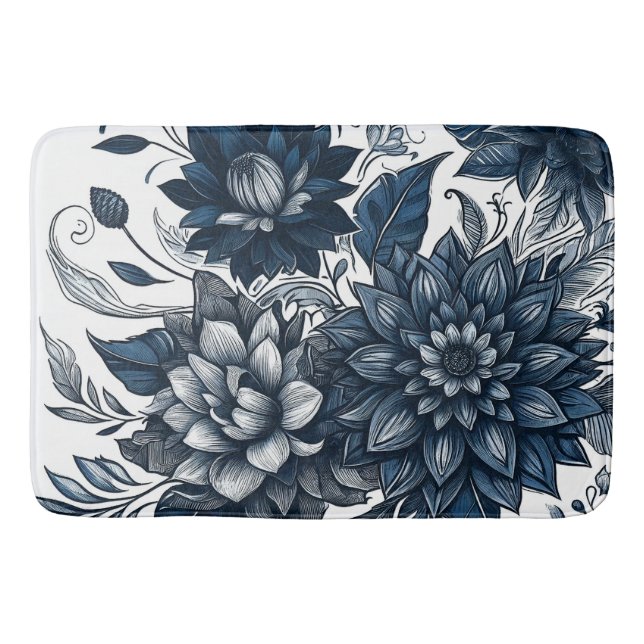 Tapis De Bain Bleu et blanc Bohème Floral Impression (Devant)