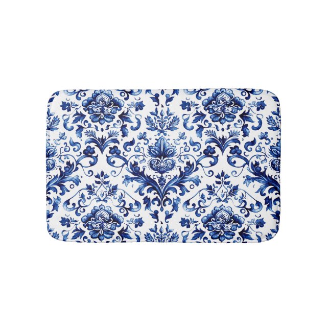 Tapis De Bain Bleu et blanc Delft style ornement floral motif (Devant)