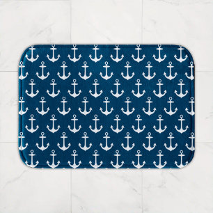 Tapis De Bain Bleu marine et blanc motif d'ancre de bateau nauti