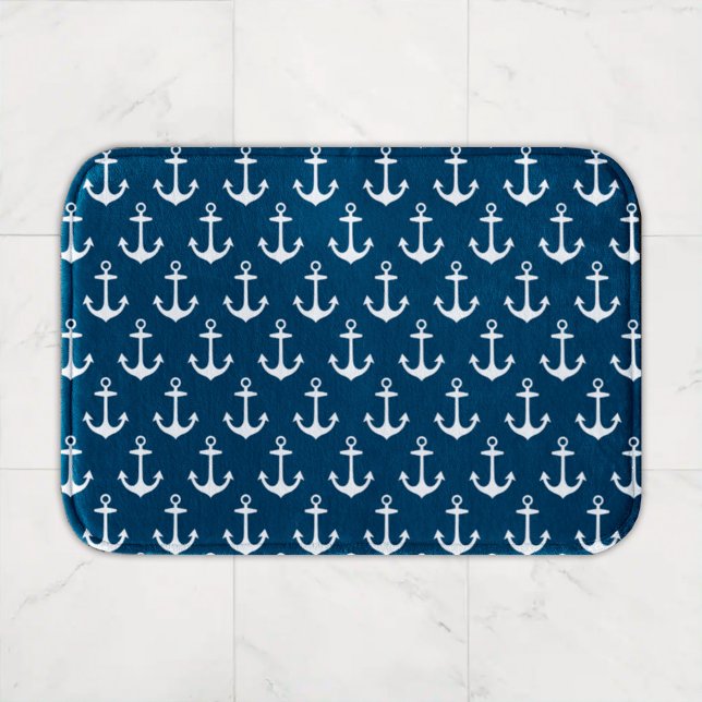 Tapis De Bain Bleu marine et blanc motif d'ancre de bateau nauti (Créateur téléchargé)