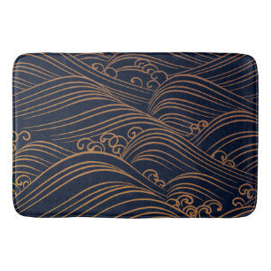 Tapis De Bain Bleu marine japonais de motif de vagues et brun