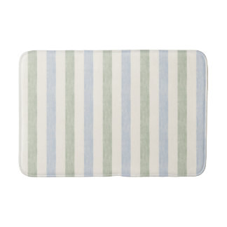 Tapis De Bain Bleu pastel et vert sauge rayé Boho Maison de camp